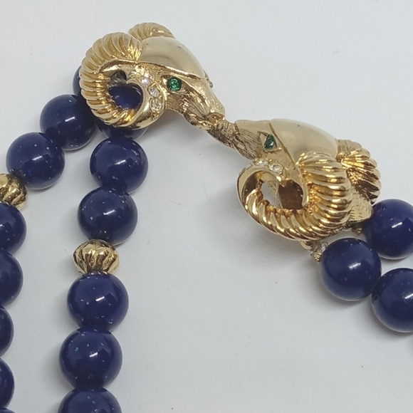 * vintage Kenneth Lane KJL Avon Rams Head blue glitter bead necklace 2 strand - Picture 4 of 6